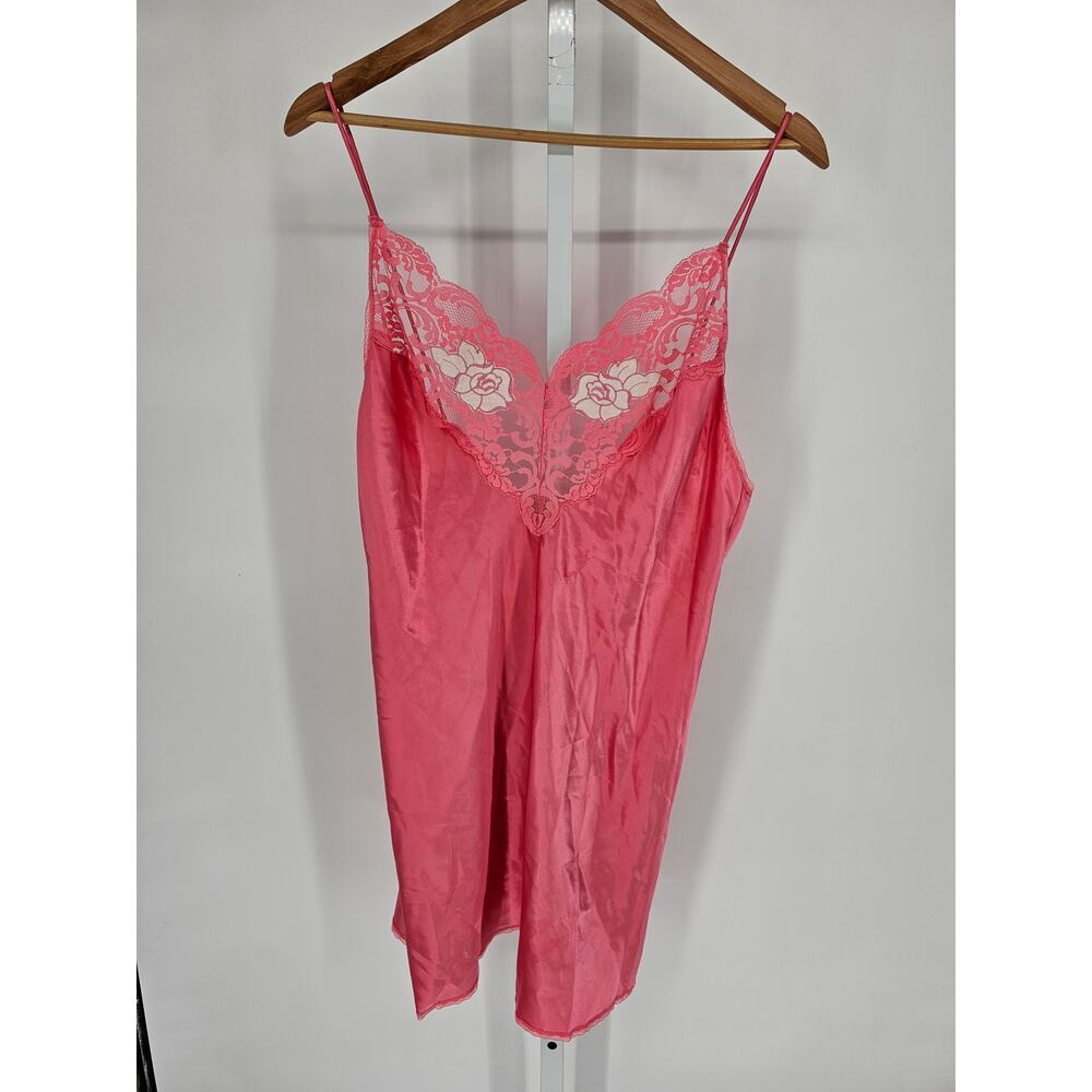 Vintage 1990s Wendy Ann Womens Sz L Satin Nightie Nightgown Pink Lace Trim